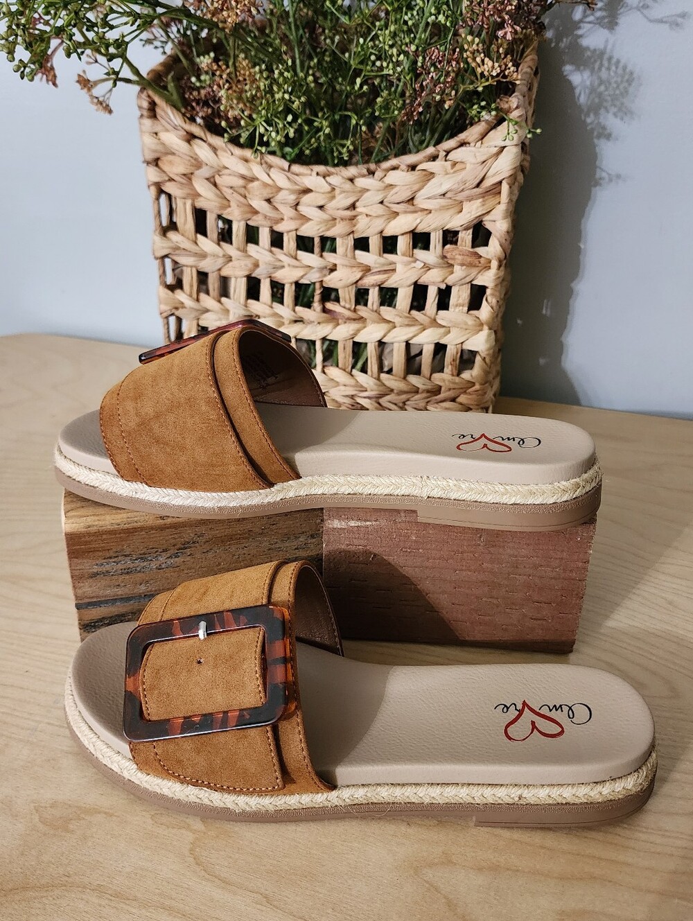 Cognac Suede Slides with Decorative Buckle